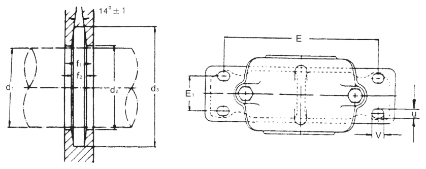 Чертёж разъёмного корпуса SN-SSN 500 (размеры d3, f1, f2, u, v)