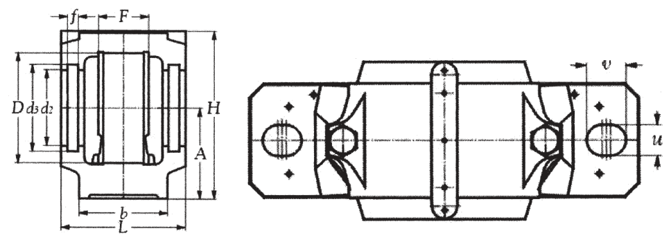 Чертёж разъёмного корпуса SNU 500-600 (размеры f, u, v)